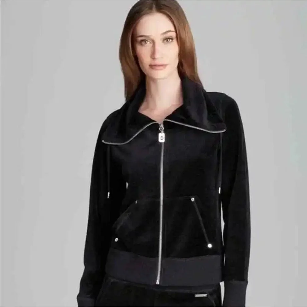 Michael Kors Womens Velour Zip Sweatshirt Jacket Size Medium Black Velvet